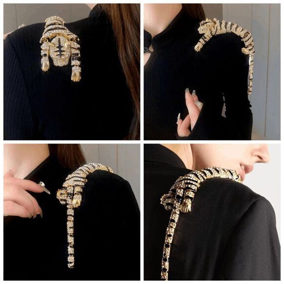 🐯 ✨ Rhinestones Crouching Tiger Bendable Design Blingy Statement Brooch NEW - Picture 14 of 15